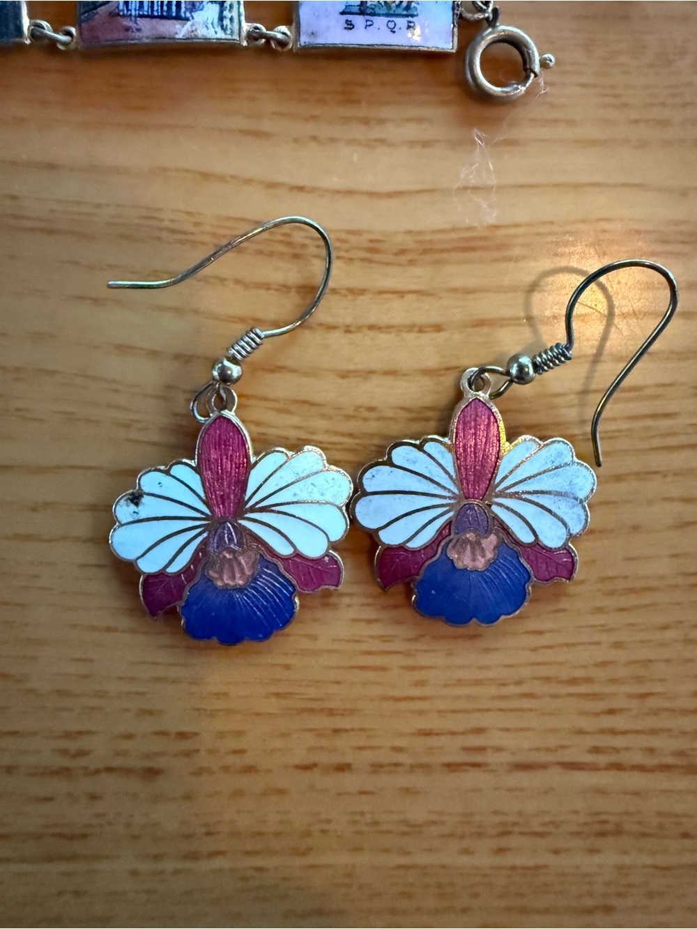 Floral Enamel Drop Earrings in White, Pink & Blue